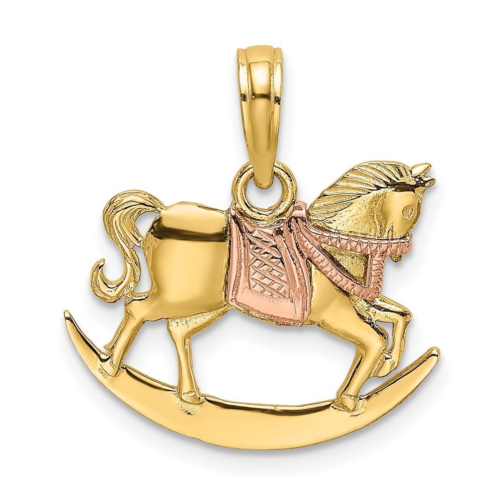 10k Two-Tone 2-D Rocking Equestrian Horse W/ Saddle Necklace Charm Pendant